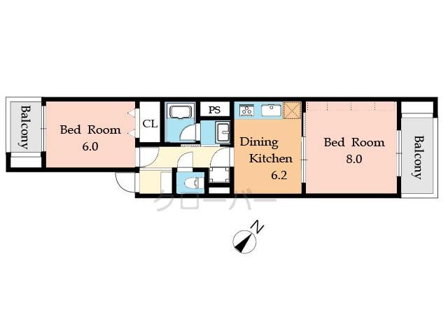 Floor plan. 2DK, Price 20.8 million yen, Occupied area 45.95 sq m , Balcony area 5.72 sq m