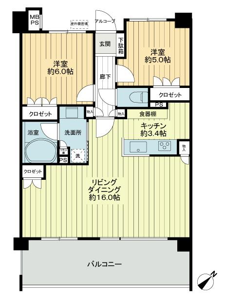 Floor plan. 2LDK, Price 57,800,000 yen, Occupied area 64.04 sq m , Balcony area 14.4 sq m