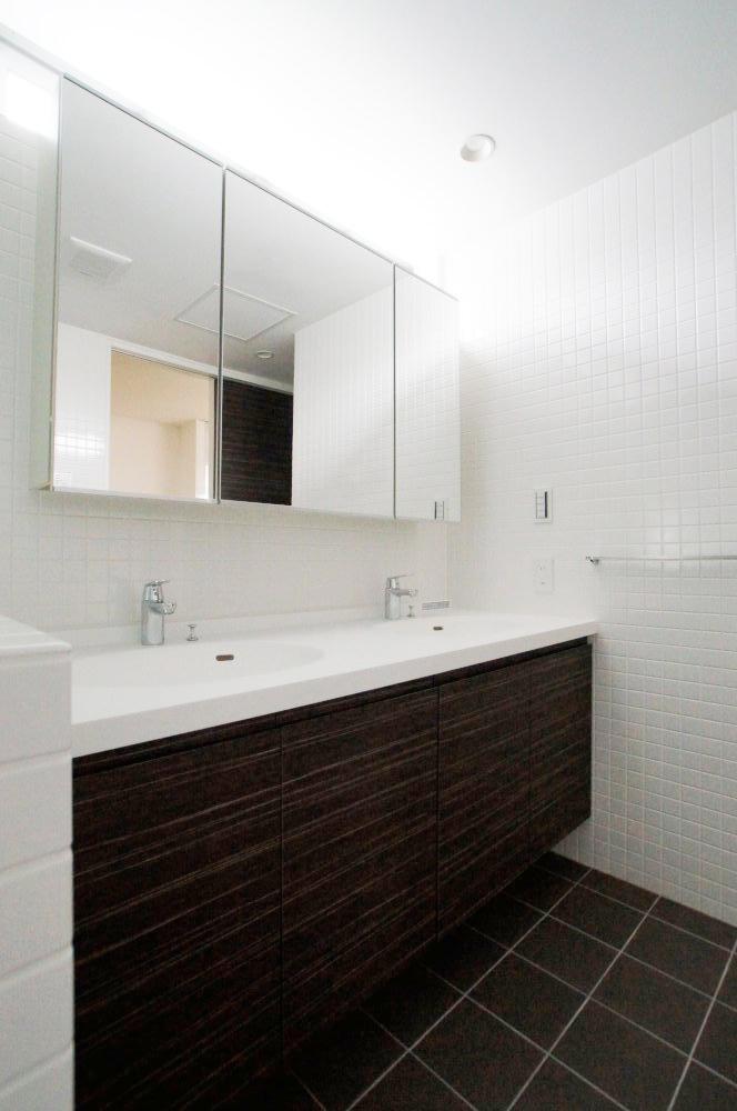Wash basin, toilet. Wash basin with a three-sided mirror. Storage is also abundant. 