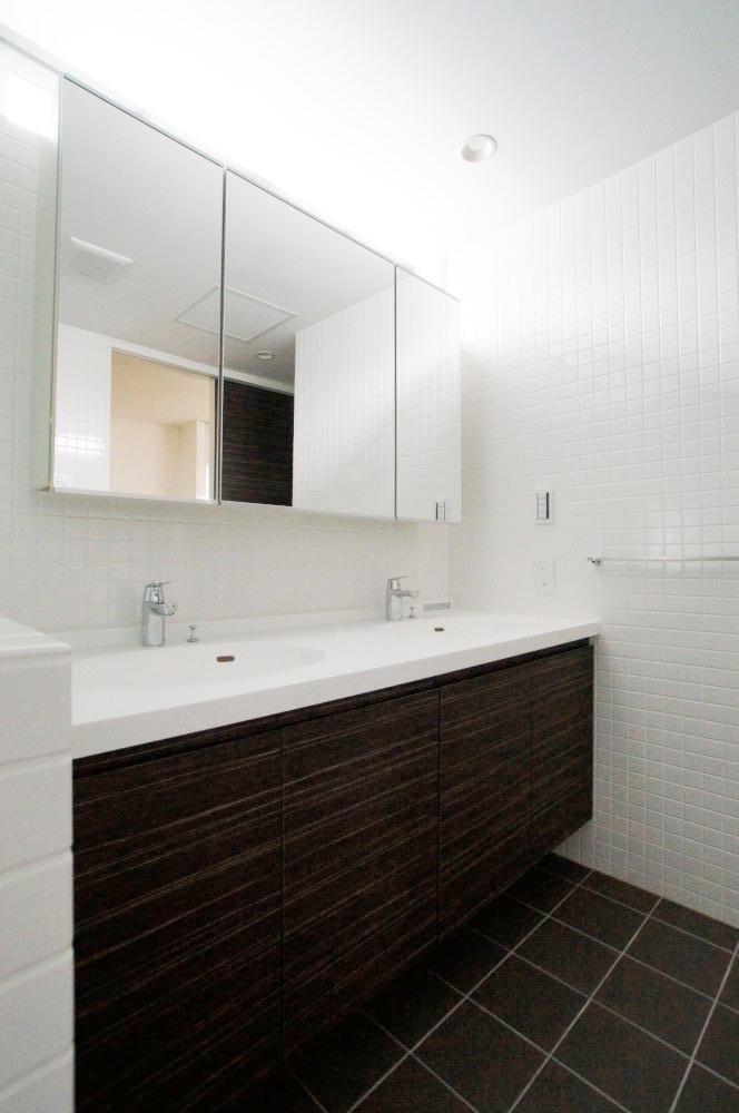 Wash basin, toilet. Wash basin with a three-sided mirror. Storage is also abundant.