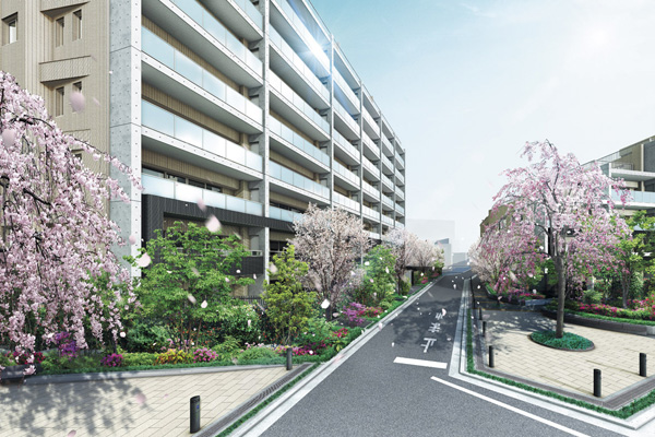 Shared facilities.  [Sakura of Promenade & Center Garden] Four seasons of landscape was to place the fun Mel sidewalk "Sakura promenade" between the "Sakura Garden" and "Maple Garden". The spacious sidewalk there this room, In the spring it has been a point of landscape arranged around a cherry bloom flowers in full bloom. (Rendering CG)