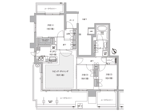 K-BG type 3LDK + WIC (walk-in closet) (5th) Occupied area / 78.79 sq m  Roof balcony area / 33.63 sq m  Porch area / 3.54 sq m  ※ Southwest-facing angle dwelling unit 3LDK the roof balconies in three locations