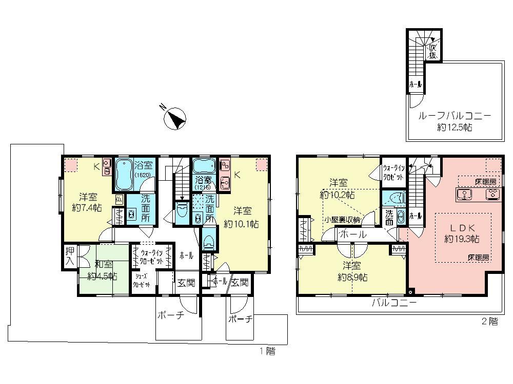 Floor plan. 110 million yen, 5LDK, Land area 154.34 sq m , Building area 151.76 sq m   ■ Spacious roof balcony 12.5 tatami  ■ Shoes-in closet ・ Walk-in closet Available  ■ Second floor Western-style is a partition wall can be installed (to 5LDK)