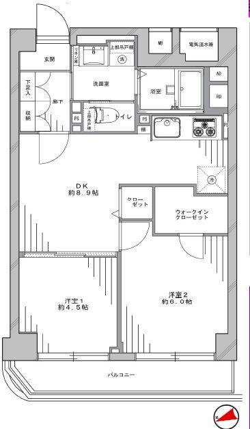 Floor plan. 2DK, Price 27,800,000 yen, Occupied area 47.24 sq m , Balcony area 5.48 sq m