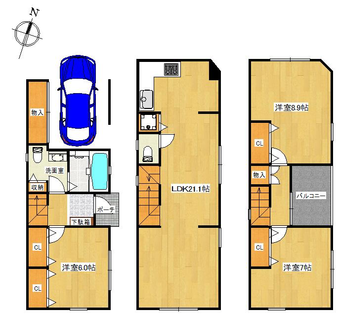 Compartment view + building plan example. Building plan example (A Building) 3LDK, Land price 36 million yen, Land area 56.82 sq m , Building price 15.8 million yen, Building area 113.72 sq m