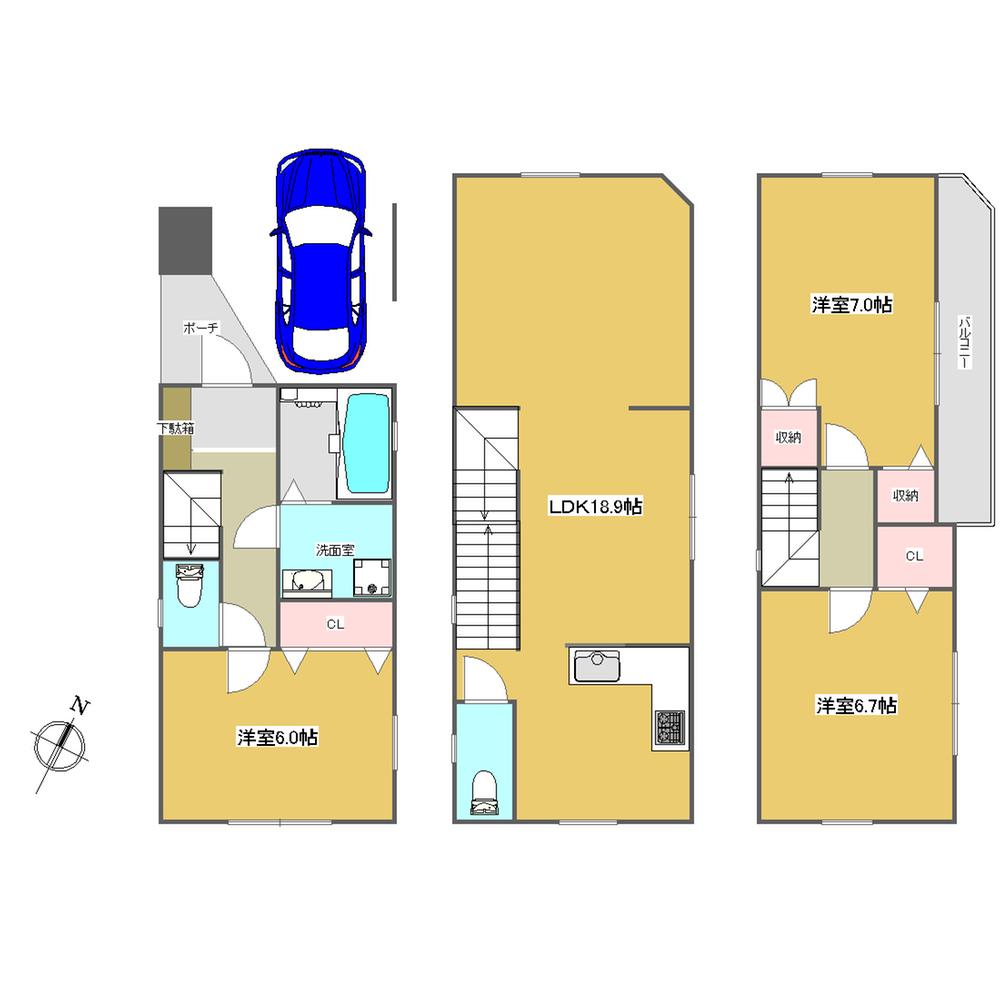 Compartment view + building plan example. Building plan example (A Building 2) 3LDK, Land price 36 million yen, Land area 56.82 sq m , Building price 14.8 million yen, Building area 99.59 sq m