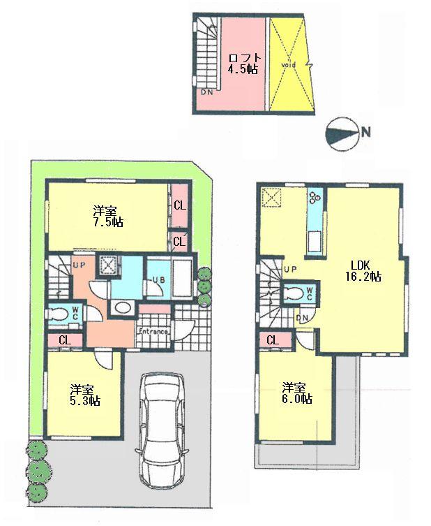 Compartment view + building plan example. Building plan example, Land price 54,800,000 yen, Land area 83.79 sq m A compartment reference example plan