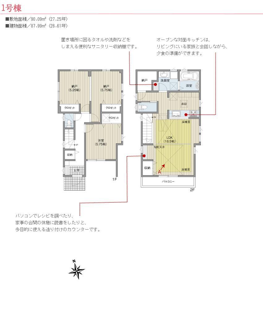 Floor plan. (1), Price 64,800,000 yen, 3LDK+S, Land area 90.09 sq m , Building area 87.99 sq m