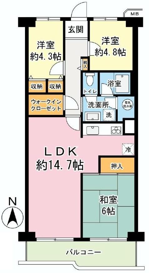 Floor plan. 3LDK, Price 44 million yen, Occupied area 68.81 sq m , Balcony area 8.32 sq m