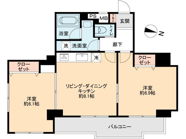 Floor plan. 2LDK, Price 28.8 million yen, Occupied area 56.02 sq m , Balcony area 7.12 sq m