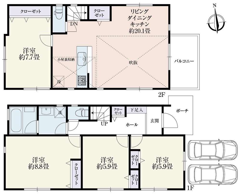 Building plan example (floor plan). Building plan example (A section) 4LDK, Land price 69,800,000 yen, Land area 112.88 sq m , Building price 21.5 million yen, Building area 32.23 sq m