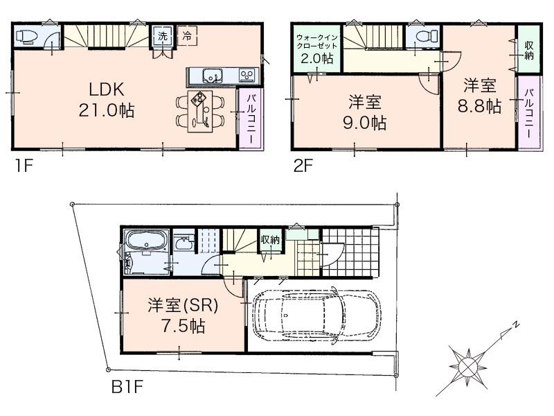 Compartment view + building plan example. Building plan example, Land price 51,800,000 yen, Land area 66.36 sq m , Building price 21 million yen, Building area 116.75 sq m reference plan (total floor 116.75 sq m)