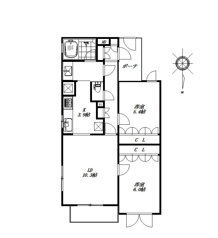 Floor plan. 2LDK, Price 43,800,000 yen, Occupied area 62.72 sq m , Balcony area 3.84 sq m