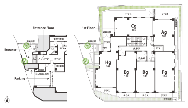 Features of the building.  [Site placement illustrations] Corridor design Of that considers the security aspects, The building center provided atrium, It has adopted the external light.