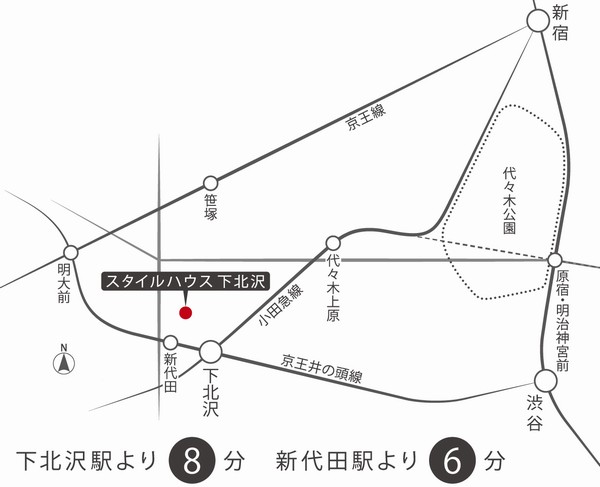 Building structure. Area conceptual diagram ※ Odakyu line ・ Inokashira "Shimokitazawa" an 8-minute walk from the station west exit, Inokashira "Shindaita" 6-minute walk from the station ticket gate