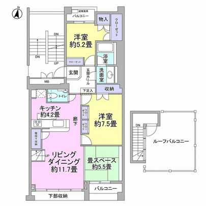 Floor plan. Located in a quiet residential area, 5 minutes and convenience station walk is also good. Roof balcony