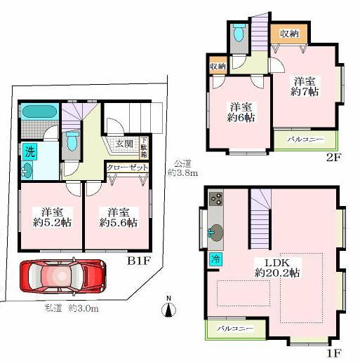 Floor plan. 63,800,000 yen, 4LDK, Land area 64.77 sq m , Building area 100.45 sq m