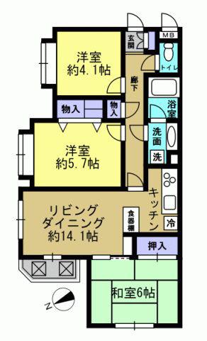 Floor plan. 3LDK, Price 27,800,000 yen, Occupied area 65.61 sq m , Balcony area 2.4 sq m All rooms have views good. Hope the tennis court from the Japanese-style room, Overlooking the Nogawa from the living room.