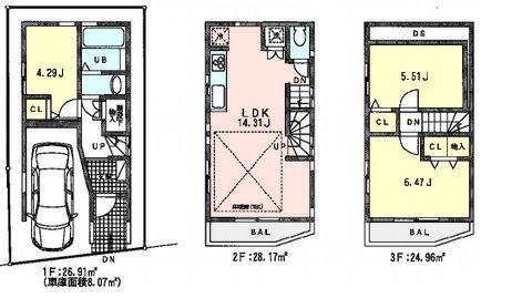 Floor plan. 55,800,000 yen, 3LDK, Land area 47.01 sq m , Building area 72.44 sq m