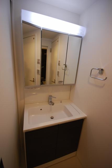 Wash basin, toilet. There is also a wash basin of the three-sided mirror that can rear storage