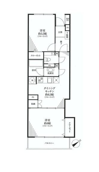 Floor plan. 2DK, Price 16.3 million yen, Footprint 45.7 sq m , Balcony area 4.1 sq m