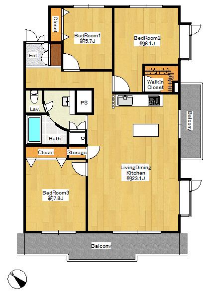 Floor plan. 3LDK, Price 48,800,000 yen, Occupied area 97.52 sq m , Balcony area 15.72 sq m