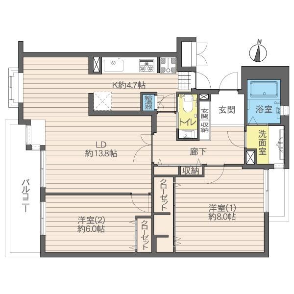 Floor plan. 2LDK, Price 49,800,000 yen, Occupied area 74.58 sq m , Balcony area 7.13 sq m