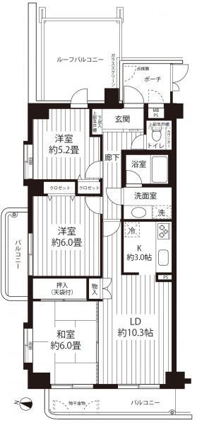 Floor plan. 3LDK, Price 37,800,000 yen, Occupied area 67.78 sq m , Balcony area 10.2 sq m