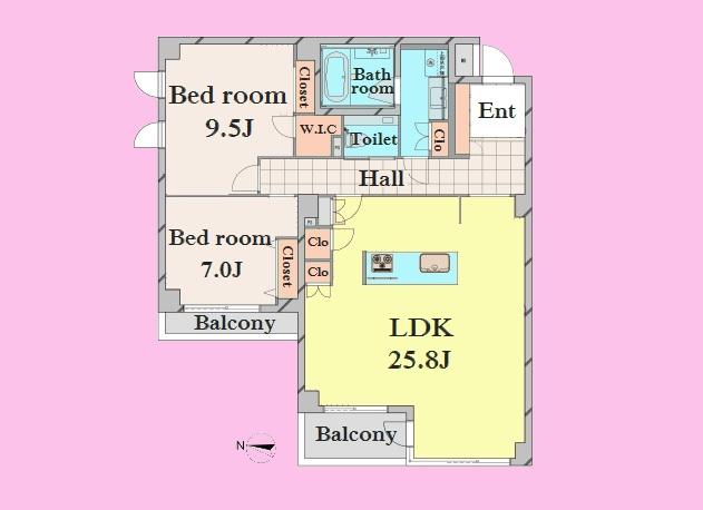 Floor plan. 2LDK, Price 69,800,000 yen, Footprint 100.99 sq m , Balcony area 9.09 sq m