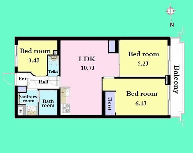 Floor plan. 3LDK, Price 27,900,000 yen, Occupied area 54.59 sq m , Balcony area 5.3 sq m