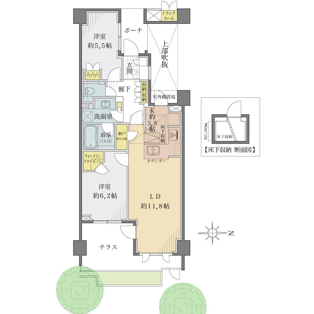 Floor plan. 2LDK + S (storeroom), Price 59,800,000 yen, Occupied area 64.75 sq m