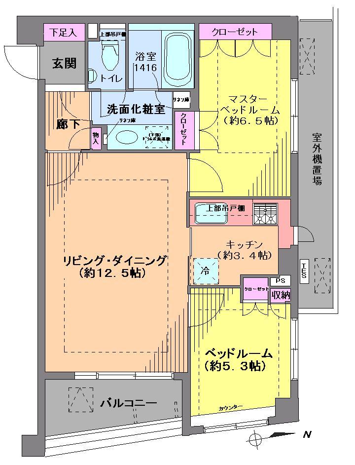 Floor plan. 2LDK, Price 44,800,000 yen, Occupied area 58.45 sq m , Balcony area 6.01 sq m