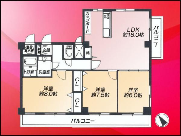 Floor plan. 3LDK, Price 44,800,000 yen, Footprint 78.2 sq m , Balcony area 14.45 sq m floor plan