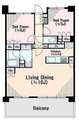 Floor plan. 2LDK, Price 57,800,000 yen, Occupied area 64.04 sq m , Balcony area 14.4 sq m