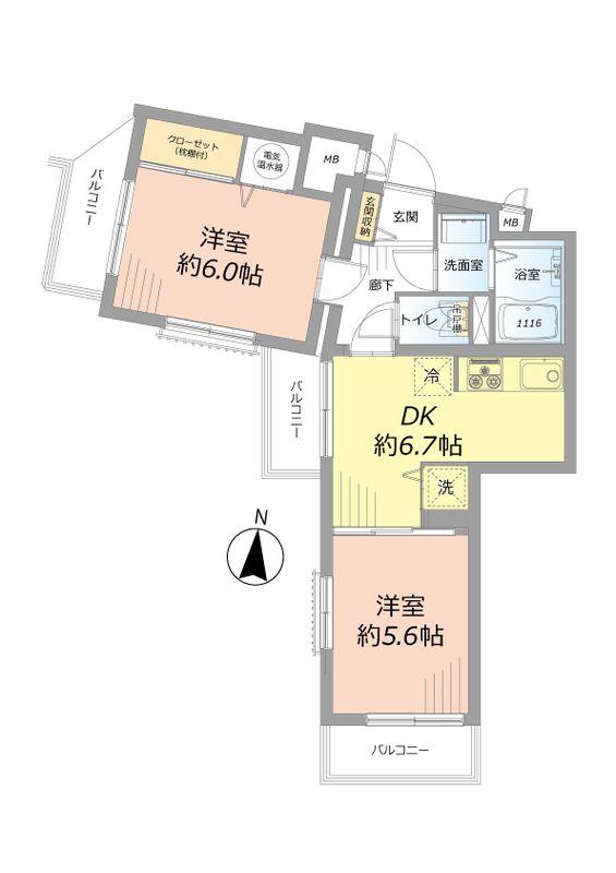 Floor plan. 2DK, Price 24,900,000 yen, Footprint 42 sq m , Balcony area 6.41 sq m new earthquake-resistant properties.  All-electric