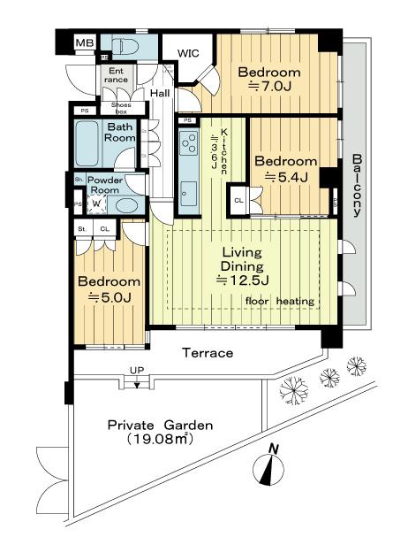 Floor plan. 3LDK, Price 44,800,000 yen, Occupied area 73.97 sq m , Balcony area 7.78 sq m