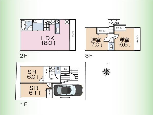 Compartment view + building plan example. Building plan example (A section) 2LDK + 2S, Land price 54,600,000 yen, Land area 64.63 sq m , Building price 17.2 million yen, Building area 106 sq m