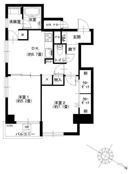 Floor plan. 2DK, Price 38,900,000 yen, Occupied area 46.49 sq m , Balcony area 2.76 sq m
