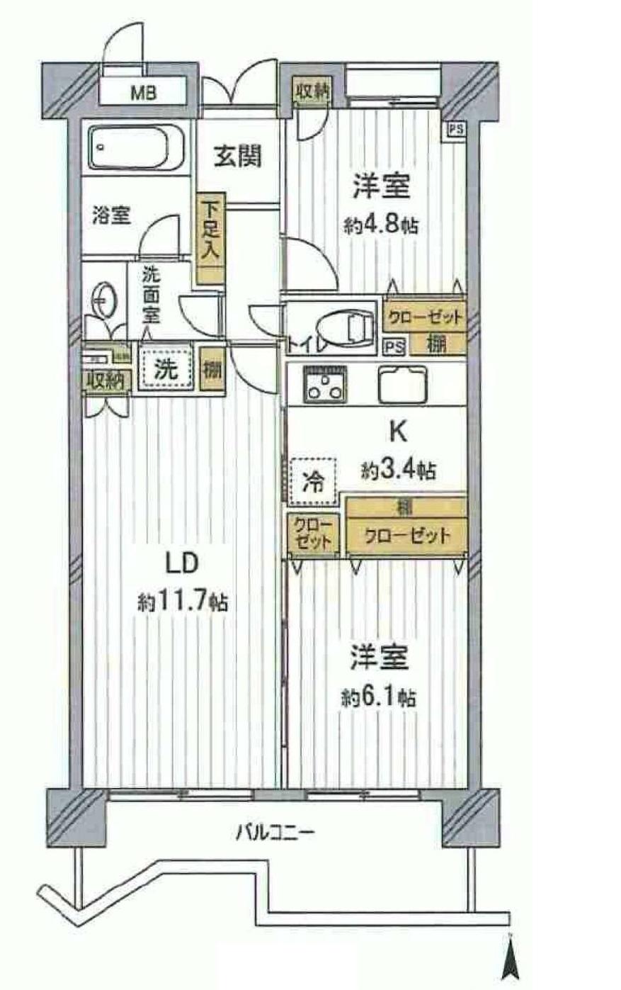 Floor plan. 2LDK, Price 61 million yen, Occupied area 61.24 sq m , Balcony area 9.66 sq m