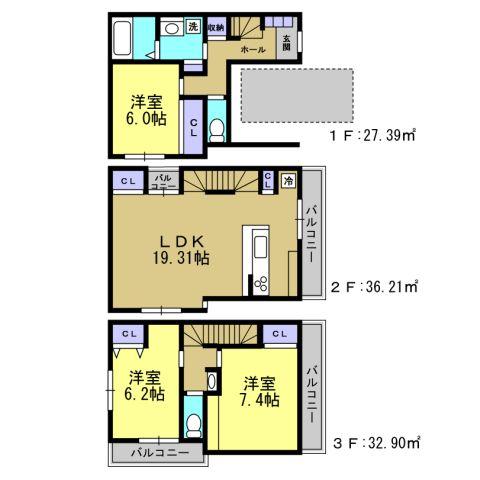 Building plan example (floor plan). Building plan example (A section) 3LDK, Land price 46,800,000 yen, Land area 60 sq m , Building price 21 million yen, Building area 95.96 sq m