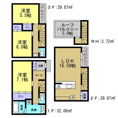 Building plan example (floor plan). Building plan example (B compartment) 3LDK, Land price 40,800,000 yen, Land area 69.6 sq m , Building price 21 million yen, Building area 97.48 sq m
