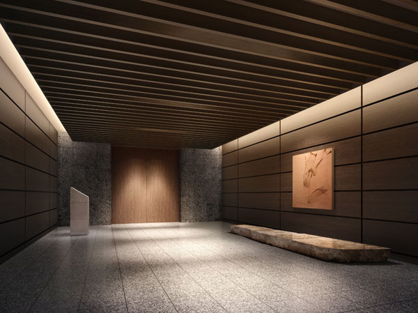 Features of the building.  [Grand Corridor (windbreak room)] Grand Corridor (windbreak room) is, Space of the "tree". Wooden panel that has been decorated with wall (smoked oak) Ya, Ceiling of wooden louvers finish constitute a space with a calm, It brings a sense of relief that has been welcomed in the private residence. (Rendering)