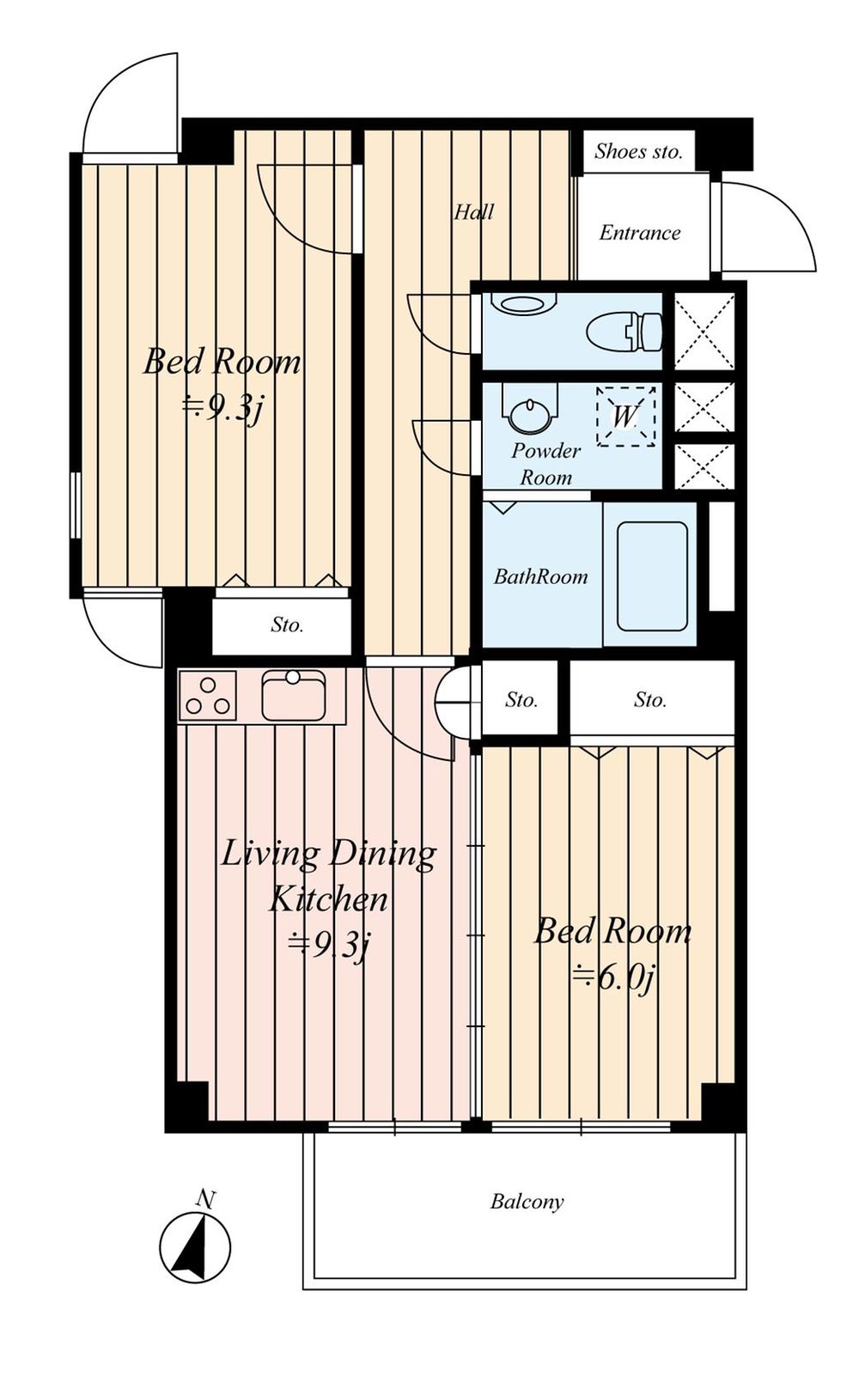 Floor plan. 2LDK, Price 39,800,000 yen, Occupied area 61.71 sq m , Balcony area 7.28 sq m