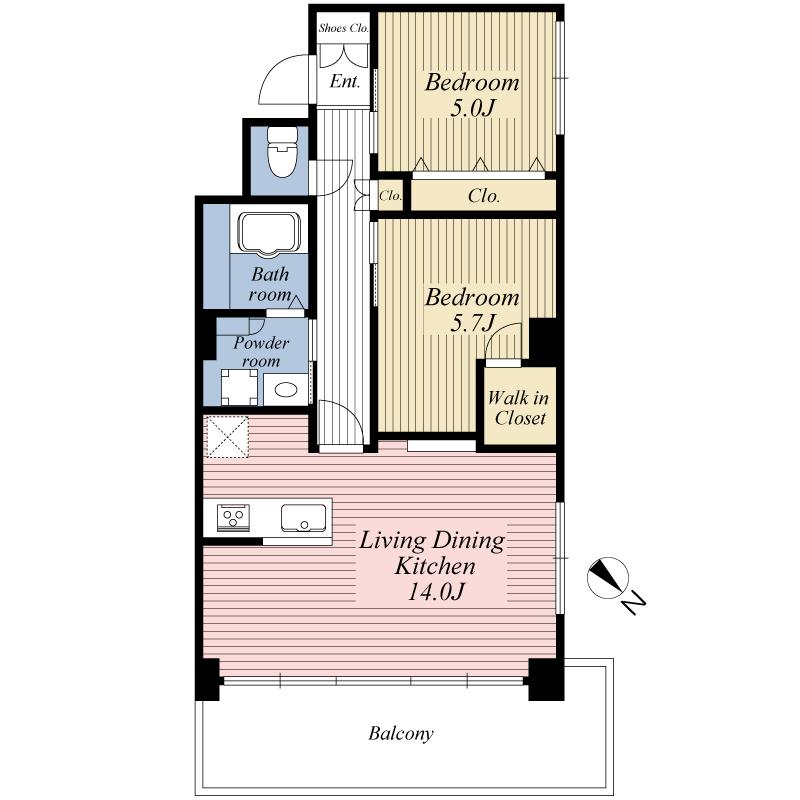 Floor plan. 2LDK, Price 44,800,000 yen, Occupied area 55.61 sq m , Balcony area 11.7 sq m