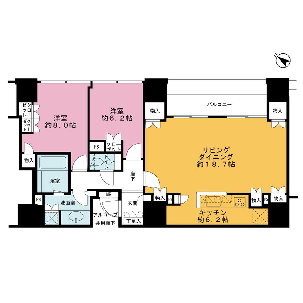 Floor plan. 2LDK, Price 124 million yen, Occupied area 92.55 sq m , Balcony area 9.93 sq m