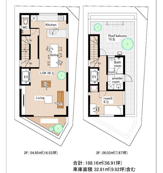Other building plan example.  [Tripartition] Building plan Example C compartment (2F ・ 3F) building price 95,200,000 yen, Building area 91.47 sq m
