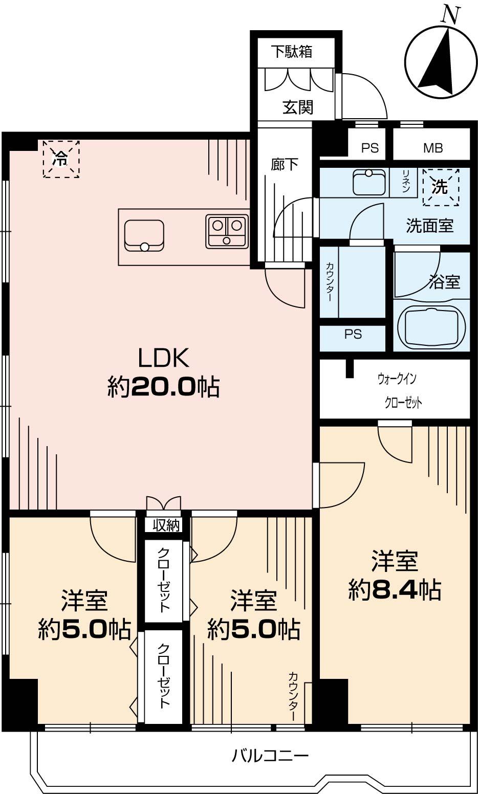 Floor plan. 3LDK, Price 59,800,000 yen, Occupied area 85.14 sq m , Balcony area 7.61 sq m indoor (December 2013) Shooting