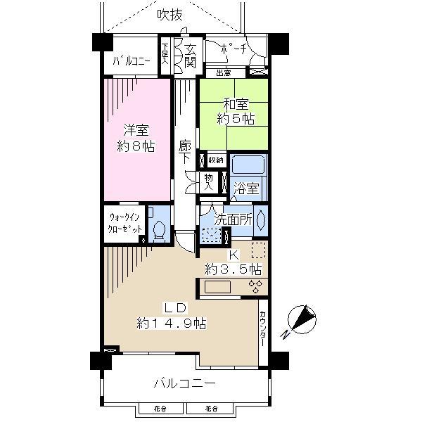 Floor plan. 2LDK, Price 59,800,000 yen, Occupied area 73.29 sq m , Balcony area 15.17 sq m