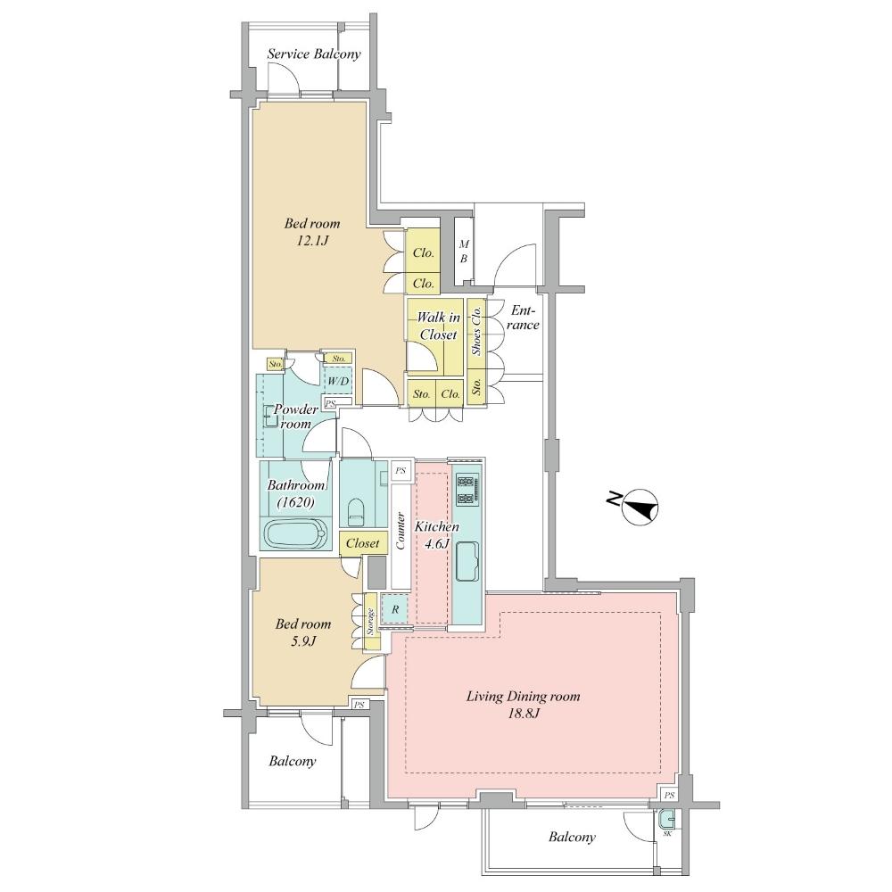 Floor plan. 2LDK, Price 168 million yen, Footprint 101.44 sq m , Balcony area 12.63 sq m