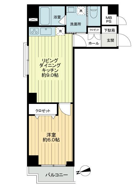 Floor plan. 1LDK, Price 21,800,000 yen, Occupied area 37.71 sq m , Balcony area 2.57 sq m square room ・ Two-sided lighting!  Water around the three-point independent!